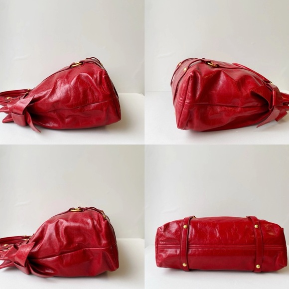 Miu Miu Bow Bag Red Patent Leather Gold Accents X-Body Strap Large Shoulder Bag - Picture 5 of 10